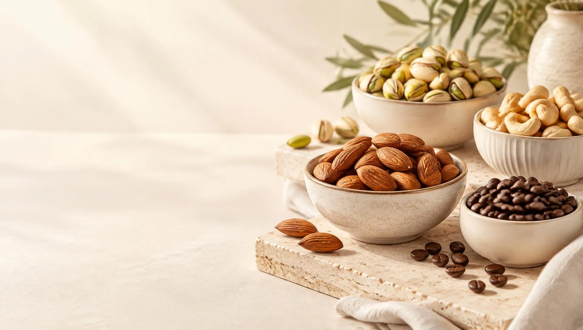 Pistachios, almonds, cashews and coffee beans in ceramic bowls